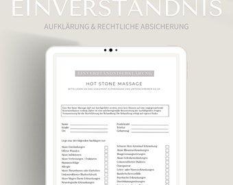 Einverständnis Hot Stone Massage | Zustimmung im PDF & Canva Format | Fragebogen für die Heilkunst der Entspannung und Entschlackung