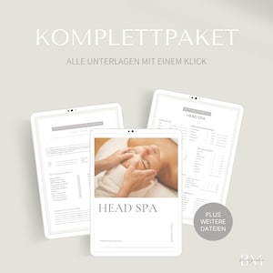 Op de afbeelding: Een digitale documentenset getiteld KOMPLETTPAKET met head spa formulieren, cliënt intakeformulieren en een centrale pagina met een foto van een persoon die een hoofdmassage krijgt, alles op een witte achtergrond.