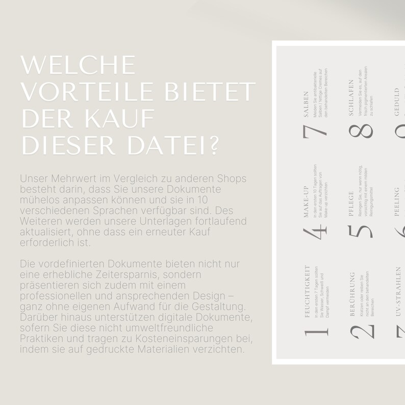May include: A white background with the text "WELCHE VORTEILE BIETET DER KAUF DIESER DATEI?" in black. Below the text is a description of the benefits of purchasing a digital file. The text is in German. A numbered list of benefits is shown on the right side of the image. The numbers 1 through 8 are shown in black. The text next to the numbers is in German.