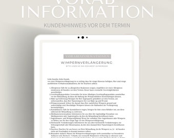 Vorabinformationen Wimpernverlängerung | Hinweise vor der Behandlung | PDF + Canva Format | Kontraindikationen & Vorsichtsmaßnahmen Kosmetik