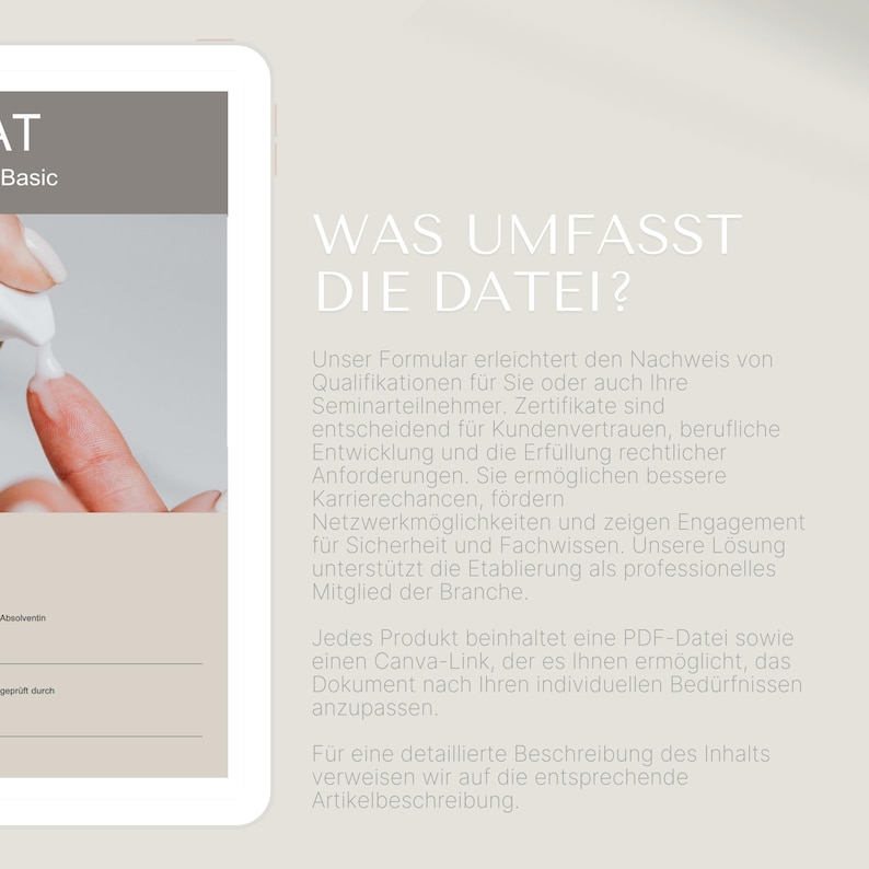 May include: A digital tablet displays text in German, including "WAS UMFASST DIE DATEI?" and "Unser Formular erleichtert den Nachweis von Qualifikationen." A hand applies a product to a fingernail. The tablet has a light gray background.