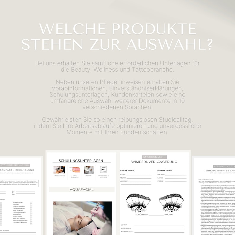 K&ouml;nnte beinhalten: Ein Satz druckbarer Dokumente f&uuml;r Beauty-, Wellness- und Tattoo-Unternehmen. Die Dokumente umfassen Schulungsunterlagen, Kundenaufnahmeformulare und Einverst&auml;ndniserkl&auml;rungen. Die Dokumente sind in Englisch und 9 weiteren Sprachen verf&uuml;gbar.