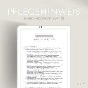 Care instructions for a tattoo treatment PDF & Canva | Instructions after a tattoo | Aftercare and care recommendation for the customer