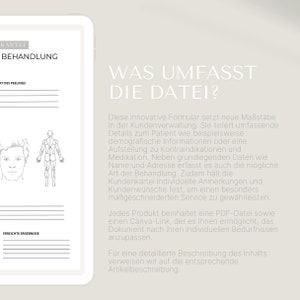May include: A digital document template for customer management. The document includes sections for patient details, contraindications, medication, and treatment notes. The text on the document reads "What does the file include?" and "This innovative form sets new standards in customer management. It provides comprehensive details about the patient, such as demographic information or a list of contraindications and medications. In addition to basic data such as name and address, it also captures the possible type of treatment. The customer file also includes individual notes and customer requests to ensure a highly personalized service."