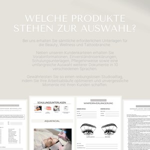 Op de afbeelding: Een set van drie printbare documenten voor schoonheids- en wellnessbedrijven. De documenten omvatten een klantenintakeformulier, een trainingsdocument voor aquafacial behandelingen en een klantenintakeformulier voor wimperextensies. De documenten zijn ontworpen in een moderne, minimalistische stijl met zwarte en witte tekst en illustraties.