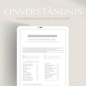 Könnte beinhalten: Ein weißes Dokument mit dem Titel "Einverständniserklärung für die EMS Behandlung". Das Dokument ist ein Einverständnisformular für eine EMS-Behandlung. Das Formular enthält eine Liste von medizinischen Bedingungen und Fragen, die vom Patienten zu beantworten sind.