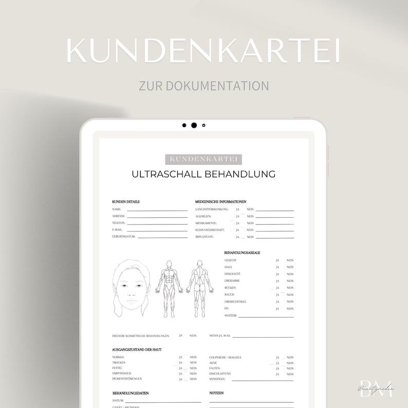 May include: A white tablet displaying a German-language form titled "Kundenkartei" for ultrasound treatment documentation. The form includes sections for customer details, medical information, and treatment data, with line drawings of a face and body.