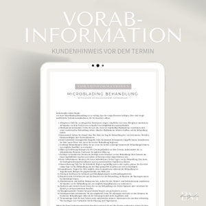 Op de afbeelding: Een wit tabletscherm met een document met de titel "Vorab-Informationen Microblading Behandlung" in zwarte tekst. Het document bevat een lijst met instructies voor klanten voor een microbladingbehandeling.