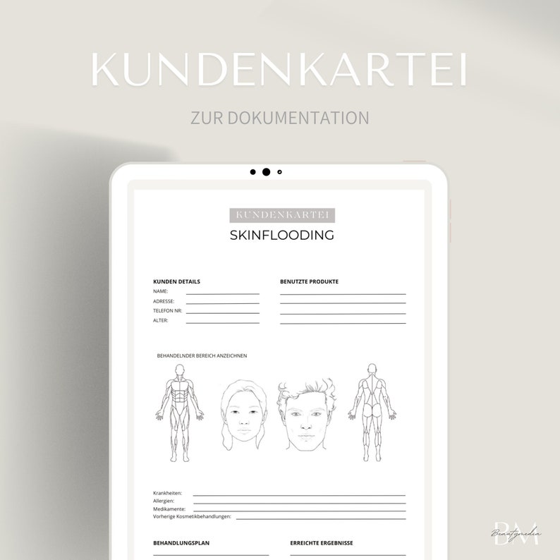 Op de afbeelding: Een zwart-witte printbare klantenkaart voor skin flooding behandelingen. De kaart bevat secties voor klantgegevens, gebruikte producten, behandelgebied, behandelplan en resultaten. De kaart bevat ook illustraties van het gezicht en het lichaam.