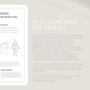 Op de afbeelding: Een digitale documenttemplate voor klantbeheer. Het document bevat secties voor pati&euml;ntgegevens, contra-indicaties, medicijnen en behandelnotities. De tekst op het document luidt "Wat omvat het bestand?" en "Dit innovatieve formulier zet nieuwe normen in klantbeheer. Het levert uitgebreide details over de pati&euml;nt, zoals demografische informatie of een lijst met contra-indicaties en medicijnen. Naast basisgegevens zoals naam en adres, legt het ook de mogelijke behandelvorm vast. Het klantendossier bevat ook individuele notities en klantverzoeken om een ​​zeer gepersonaliseerde service te garanderen."