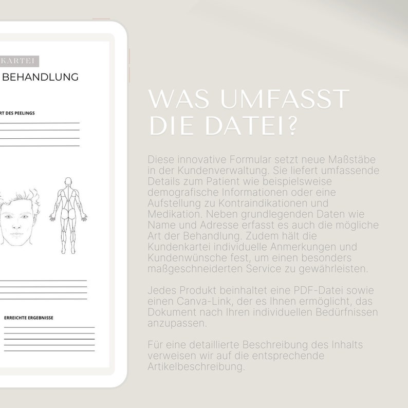 Op de afbeelding: Een digitale documenttemplate voor klantbeheer. Het document bevat secties voor pati&euml;ntgegevens, contra-indicaties, medicijnen en behandelnotities. De tekst op het document luidt "Wat omvat het bestand?" en "Dit innovatieve formulier zet nieuwe normen in klantbeheer. Het levert uitgebreide details over de pati&euml;nt, zoals demografische informatie of een lijst met contra-indicaties en medicijnen. Naast basisgegevens zoals naam en adres, legt het ook de mogelijke behandelvorm vast. Het klantendossier bevat ook individuele notities en klantverzoeken om een ​​zeer gepersonaliseerde service te garanderen."