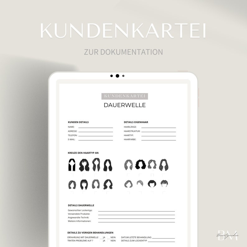Kundenkartei für die Dauerwelle im PDF und Canva Format | Friseur Fragebogen um Patienteninformationen zu dokumentieren | Kundenanalyse image 1