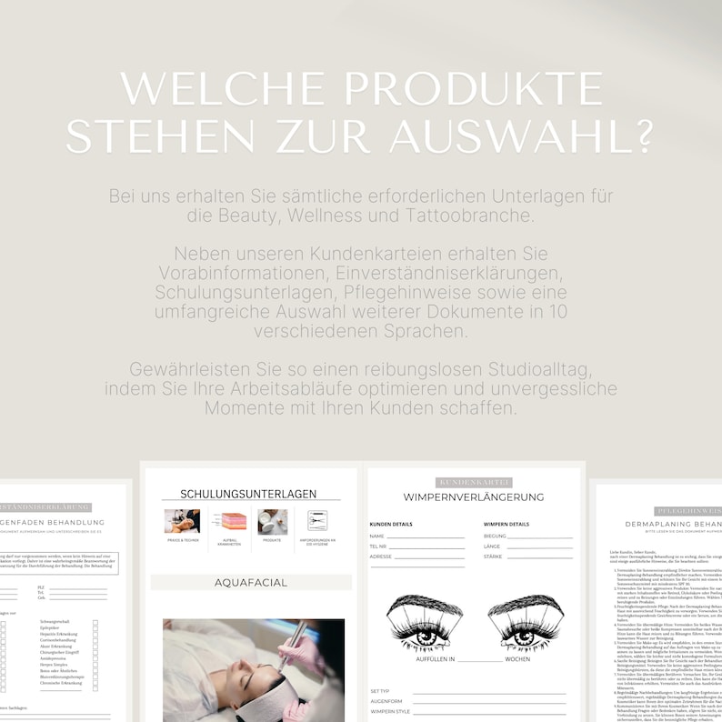 Op de afbeelding: Een set printbare documenten voor schoonheids-, wellness- en tatoeagebedrijven. De documenten omvatten klantintakeformulieren, toestemmingsformulieren en trainingsmaterialen. De documenten zijn ontworpen om bedrijven te helpen soepel en effici&euml;nt te functioneren.