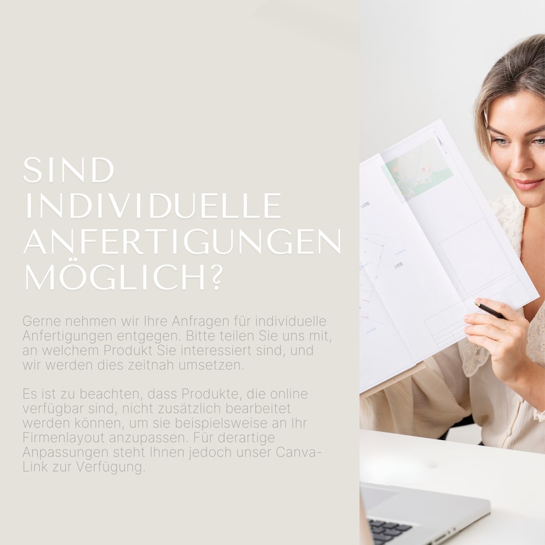 May include: A white background with black text that reads "SIND INDIVIDUELLE ANFERTIGUNGEN M&Ouml;GLICH?"  The text explains that custom orders are possible and provides information about the process. A woman is shown holding a white sheet of paper with a pen.