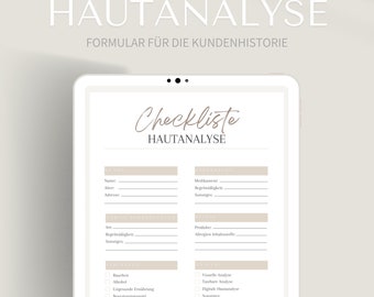 Checkliste für die Hautanalyse im PDF & Canva Format | Informationen zu Kontaktdaten, Krankheiten, vorige Behandlungen und Analyseverfahren
