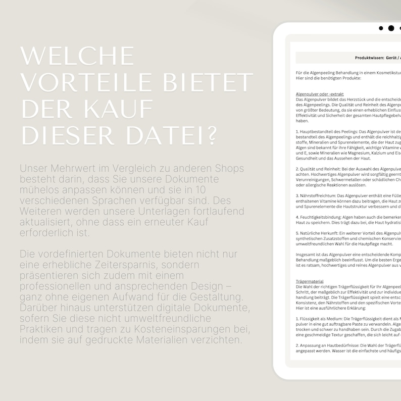 May include: A white and blue digital document with the text "WELCHE VORTEILE BIETET DER KAUF DIESER DATEI?"  The document describes the benefits of purchasing a digital file, highlighting the advantages of time savings, customization, and environmental friendliness.
