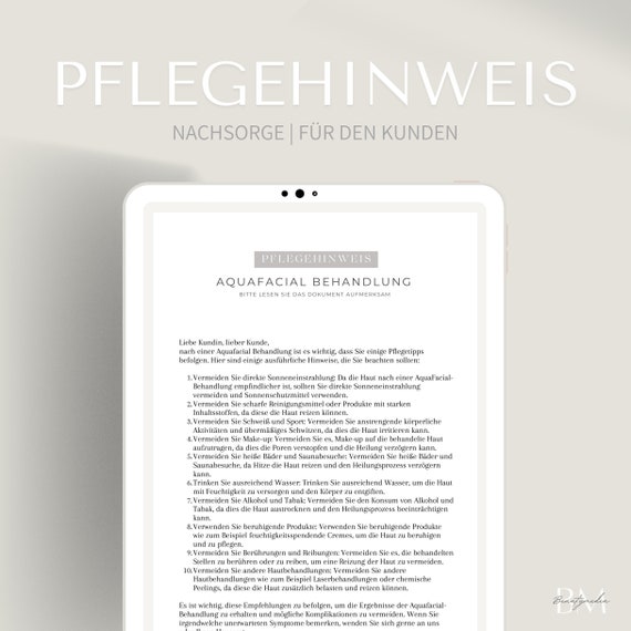 Pflegehinweis für Aquafacial Behandlung im PDF & Canva Format | Anleitung nach einer Tiefenreinigung | Nachsorge zur Hautreinigung