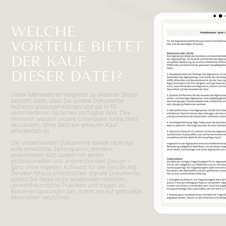 Puede incluir: Un documento en alem&aacute;n que detalla las ventajas de comprar un archivo digital. El texto, en una fuente sans-serif, aborda la personalizaci&oacute;n, la disponibilidad en varios idiomas y los beneficios ambientales.