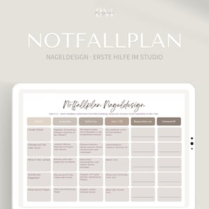 Puede incluir: Un gráfico digital de plan de emergencia para salones de uñas titulado Notfallplan Nageldesign. La tabla incluye columnas para tipos de emergencia, síntomas, acciones inmediatas, consejo médico, fechas y firmas en tonos neutros.