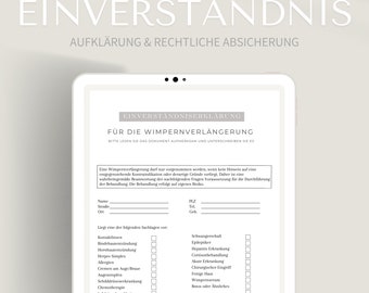 Einverständnis für Wimpernverlängerung Behandlung als PDF und Canva Formular | E-File kaufen & downloaden | Zustimmung inkl. Unterschrift