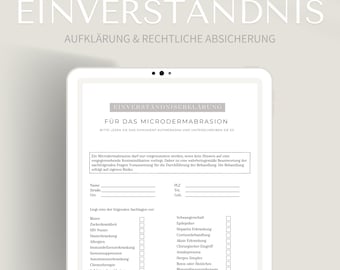 May include: A white document with the title "Einverständniserklärung für das Microdermabrasion" and a checklist of medical conditions. The document asks the patient to review the list and check any conditions that apply to them.
