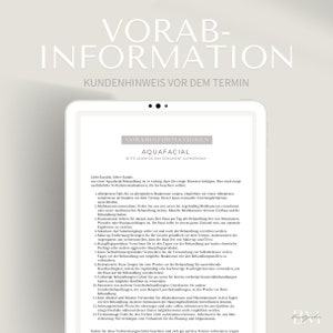 Pode incluir: Um ecrã de tablet branco que mostra um documento intitulado "Vorabinformationen Aquafacial" com instruções para os clientes antes de um tratamento Aquafacial. O documento está escrito em alemão e inclui informações sobre alergias, medicamentos, preparação da pele e outros detalhes importantes.