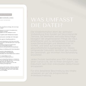 May include: A digital tablet screen displaying a document titled "What does the file contain?" The document explains the purpose of a pre-treatment information sheet for clients. The document is written in German.
