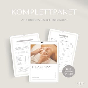 Op de afbeelding: Een digitale documentenset getiteld KOMPLETTPAKET met head spa consultatieformulieren, klantkaarten en een centrale pagina met een hoofdmassage, inclusief een cirkelvormige badge met de tekst PLUS WEITERE DATEIEN.