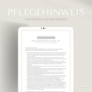 Puede incluir: Una tableta digital muestra un documento titulado "PFLEGEHINWEIS" (Instrucciones de cuidado) para el cuidado posterior del maquillaje permanente. El documento proporciona instrucciones detalladas para los clientes.