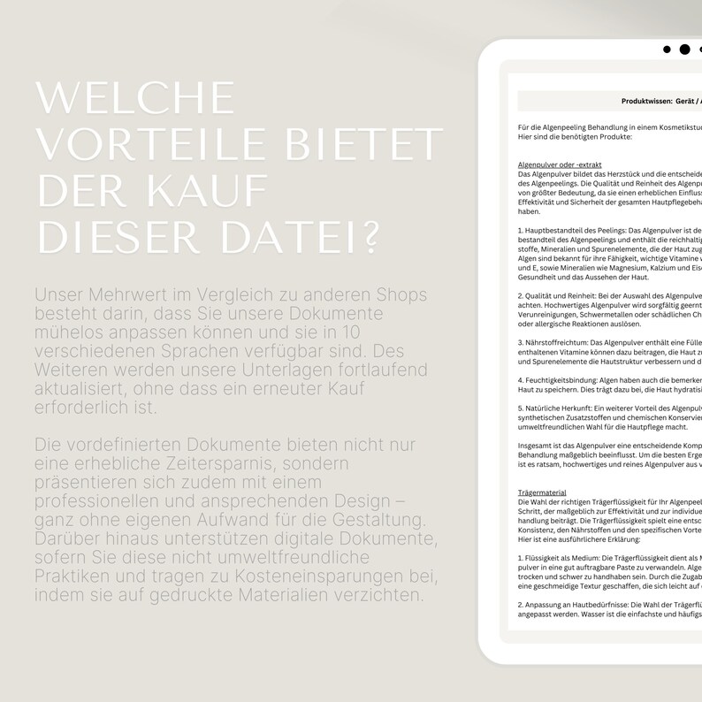 May include: A white and blue digital document with the text "WELCHE VORTEILE BIETET DER KAUF DIESER DATEI?"  The document describes the benefits of purchasing a digital file, highlighting the advantages of time savings, customization, and environmental friendliness.