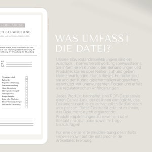 K&ouml;nnte beinhalten: Ein wei&szlig;es Dokument mit dem Titel "Was umfasst die Datei?" Das Dokument erkl&auml;rt, dass die Datei eine PDF-Datei und einen Canva-Link enth&auml;lt. Das Dokument erkl&auml;rt auch, dass die Datei angepasst werden kann, um Produktempfehlungen, Kontaktinformationen und ein Logo einzuschlie&szlig;en.