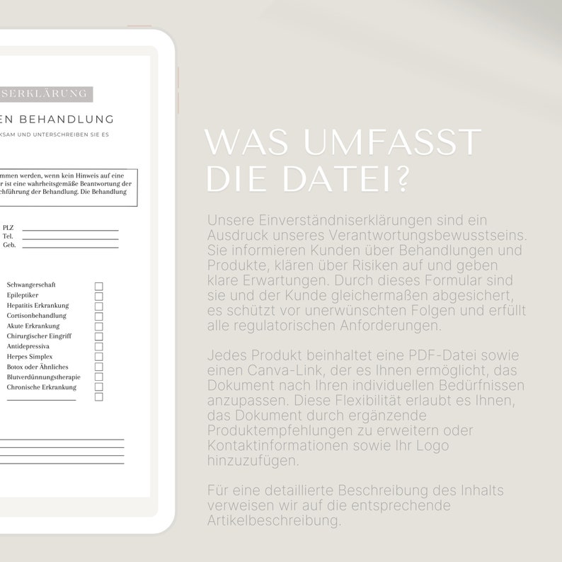 K&ouml;nnte beinhalten: Ein wei&szlig;es Dokument mit dem Titel "Was umfasst die Datei?" Das Dokument erkl&auml;rt, dass die Datei eine PDF-Datei und einen Canva-Link enth&auml;lt. Das Dokument erkl&auml;rt auch, dass die Datei angepasst werden kann, um Produktempfehlungen, Kontaktinformationen und ein Logo einzuschlie&szlig;en.