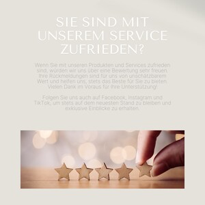 May include: Five gold star rating icons on a wooden surface. The text above the stars reads "Sie sind mit unserem Service zufrieden?" which translates to "Are you satisfied with our service?"