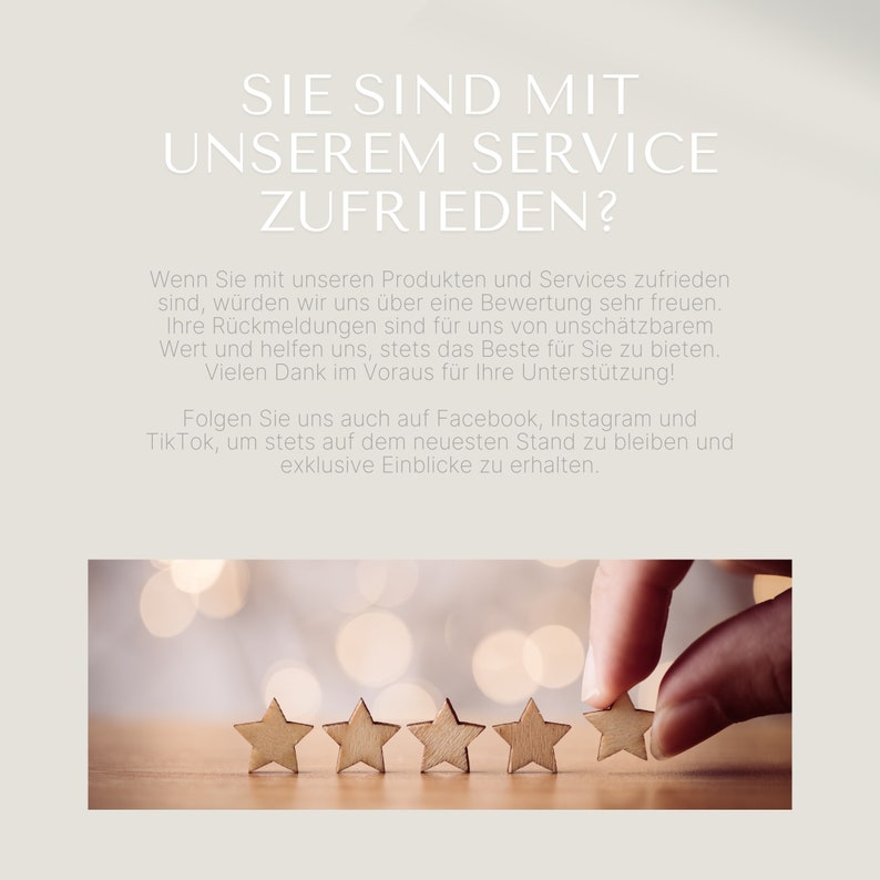May include: Five gold star rating icons on a wooden surface. The text above the stars reads "Sie sind mit unserem Service zufrieden?" which translates to "Are you satisfied with our service?"