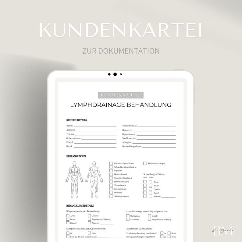 May include: A black and white printable customer card for lymphatic drainage treatments. The card includes sections for client details, medical history, and treatment notes. The card also includes a diagram of the human body.