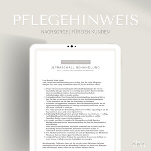 Könnte beinhalten: Ein weißes Tablet-Display zeigt ein deutsches Dokument mit dem Titel "Pflegehinweis" und der Unterüberschrift "Ultraschall Behandlung". Das Dokument enthält Anweisungen für die Nachsorge nach einer Ultraschallbehandlung.