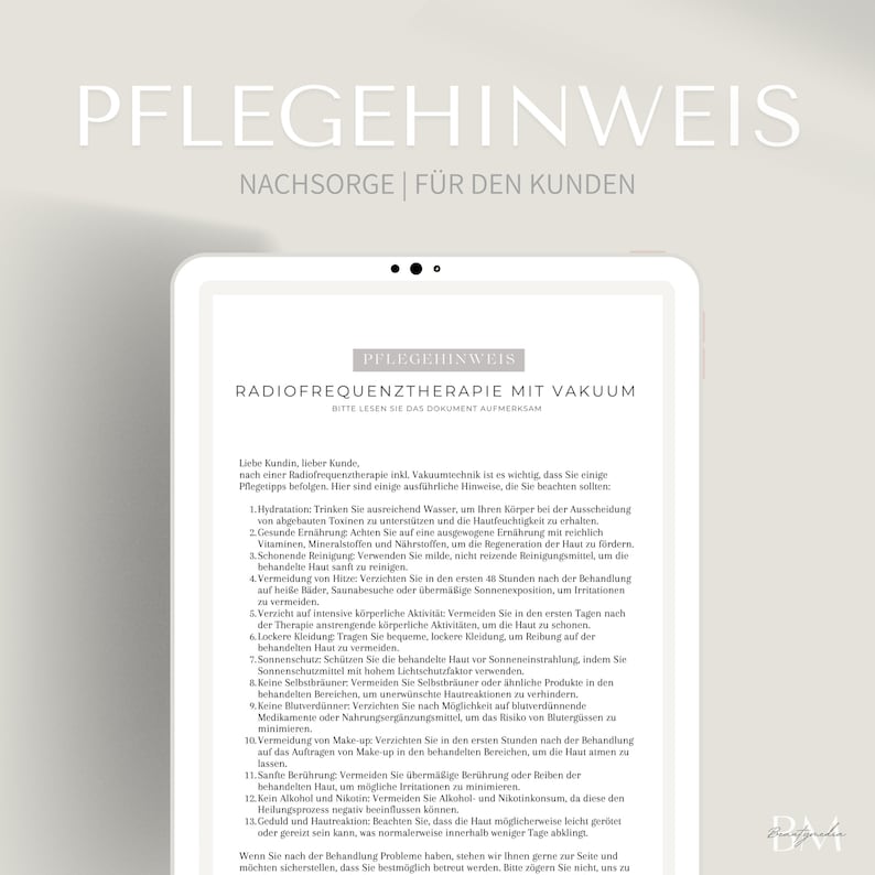 Pflegehinweis für eine Radiofrequenztherapie inkl. Vakuumtechnik im PDF & Canva Format | Anleitung nach der Behandlung zur Gewichtsreduktion image 1