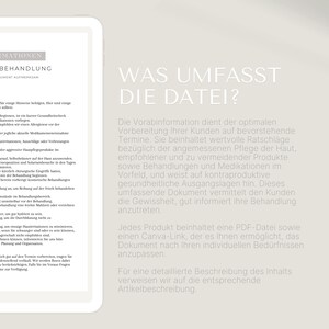 May include: A digital tablet screen displaying a document titled "What does the file contain?" The document explains the purpose of a pre-treatment information sheet for clients. The text highlights the importance of providing clients with information about their upcoming treatment, including pre-treatment care, recommended products, and contraindications. The document also mentions that each product includes a PDF file and a Canva link, allowing for customization.