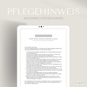 May include: A white tablet screen displaying a document with the title "Pflegehinweis für eine Nagelmodellage" in black text. The document provides instructions for nail care after a nail modeling procedure. The text is in German.