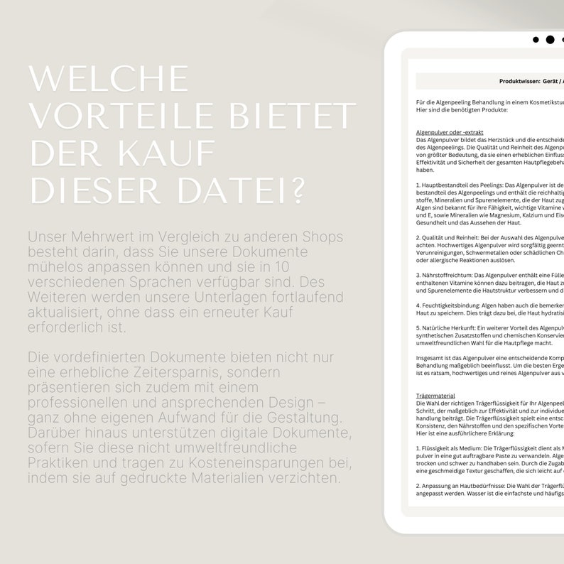 K&ouml;nnte beinhalten: Ein wei&szlig;es und blaues digitales Dokument mit dem Text "WELCHE VORTEILE BIETET DER KAUF DIESER DATEI?" Das Dokument beschreibt die Vorteile des Kaufs einer digitalen Datei. Der Text ist in deutscher Sprache.
