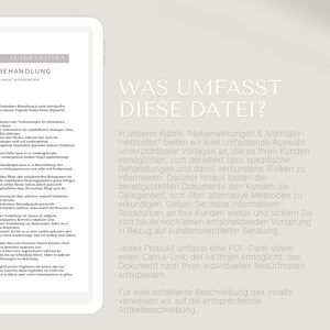 Może przedstawiać: Cyfrowy dokument na ekranie tabletu z tytułem "WAS UMFASST DIESE DATEI?" w białym tekście. Dokument omawia alternatywne metody leczenia i związane z nimi ryzyko. Tło jest w kolorze jasnobeżowym.