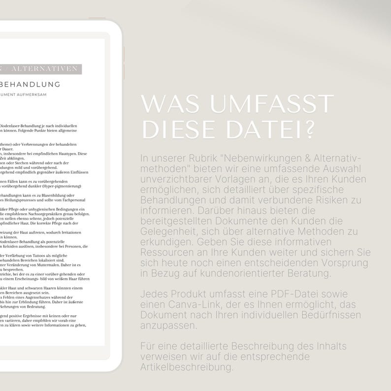 Może przedstawiać: Cyfrowy dokument na ekranie tabletu z tytułem "WAS UMFASST DIESE DATEI?" w białym tekście. Dokument omawia alternatywne metody leczenia i związane z nimi ryzyko. Tło jest w kolorze jasnobeżowym.