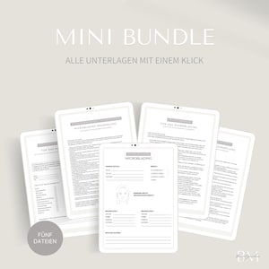 Può includere: Un mini pacchetto digitale composto da cinque documenti bianchi per procedure di microblading. Le pagine presentano testo in tedesco, inclusi titoli come MICROBLADING BEHANDLUNG, moduli per i dati del cliente e un diagramma facciale.