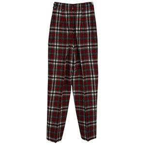 May include: High-waisted plaid pants in a classic pattern of red, black, white, and gray. The trousers feature a button closure and a tailored fit. The plaid design is a timeless style, suitable for various occasions.
