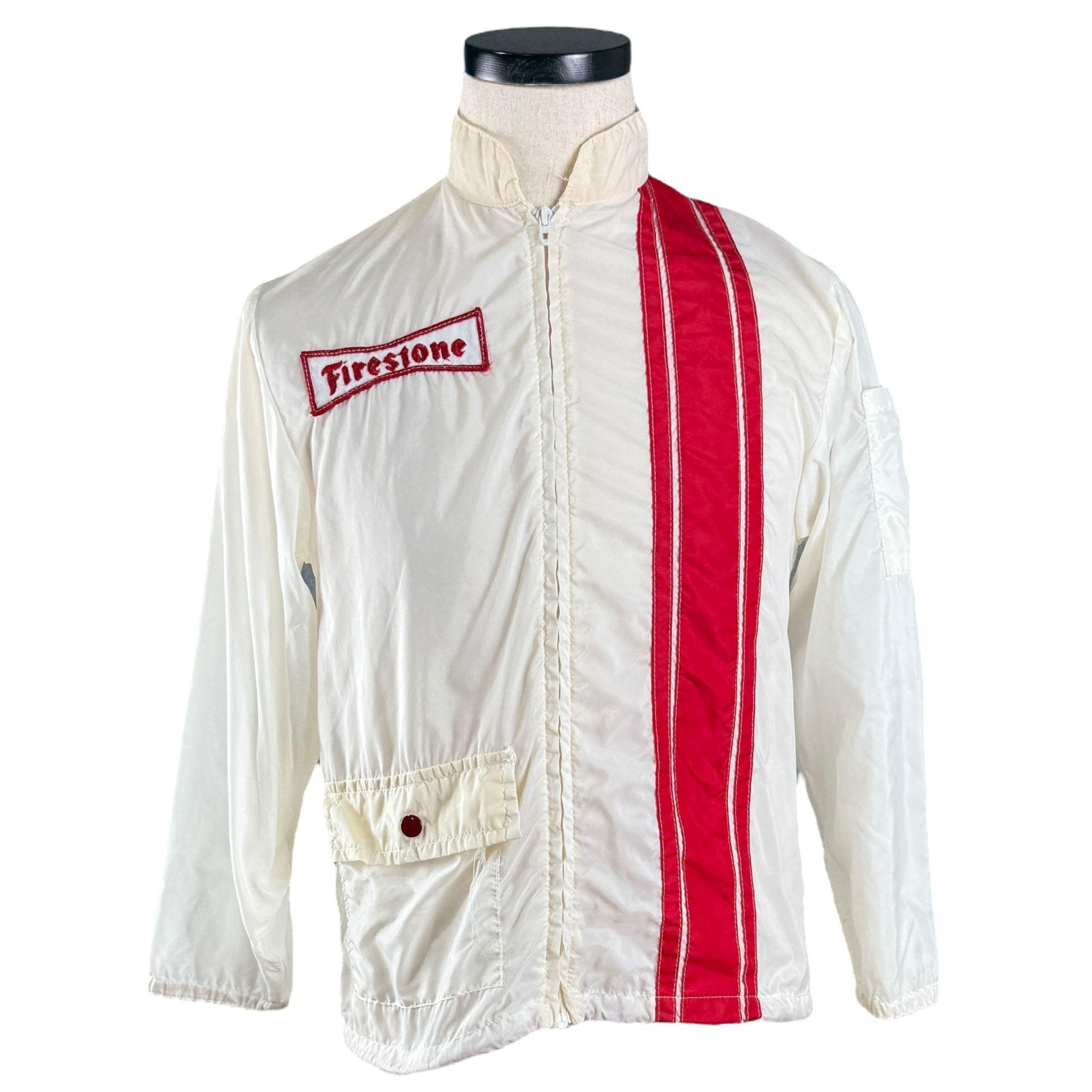 ジャケット・アウター 1960s Firestone Nylon Jacket Size L Vintage 60s Firestone Racing Jacket: Embroidered Logo, Red Stripe
