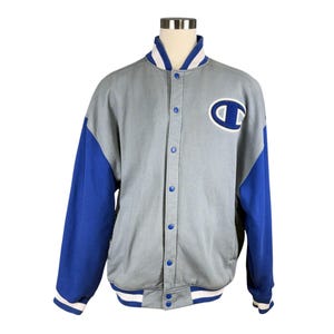 Champion Mens Varsity Jacket Gray & Blue Snap Button-Up Size 2XL