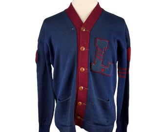 Vintage 1940s Champion Knitwear Blue & Red Varsity Letterman Cardigan Sweater Size 42