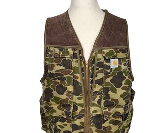 Gilet utility mimetico da uomo Carhartt anni '80, taglia L, con fodera in nylon e esterno in cotone.
