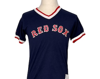 Camiseta vintage de manga corta con cuello en V de los Red Sox para jóvenes, talla grande, marca Russell Athletic, de la marca Russell Athletic, de los años 90, color azul marino.