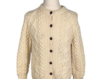 Vintage 80er Jahre Blarney Woolen Mills Aran Handgestrickter Wolle Cardigan Pullover Large